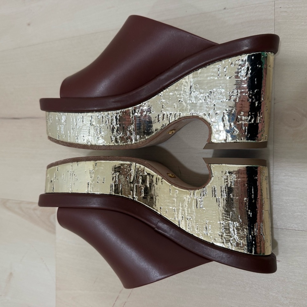 Chloe Oil Leather Cork Platform Mule Sandals Women's 36 = US 6 Brown Gold Italy - Picture 11 of 16